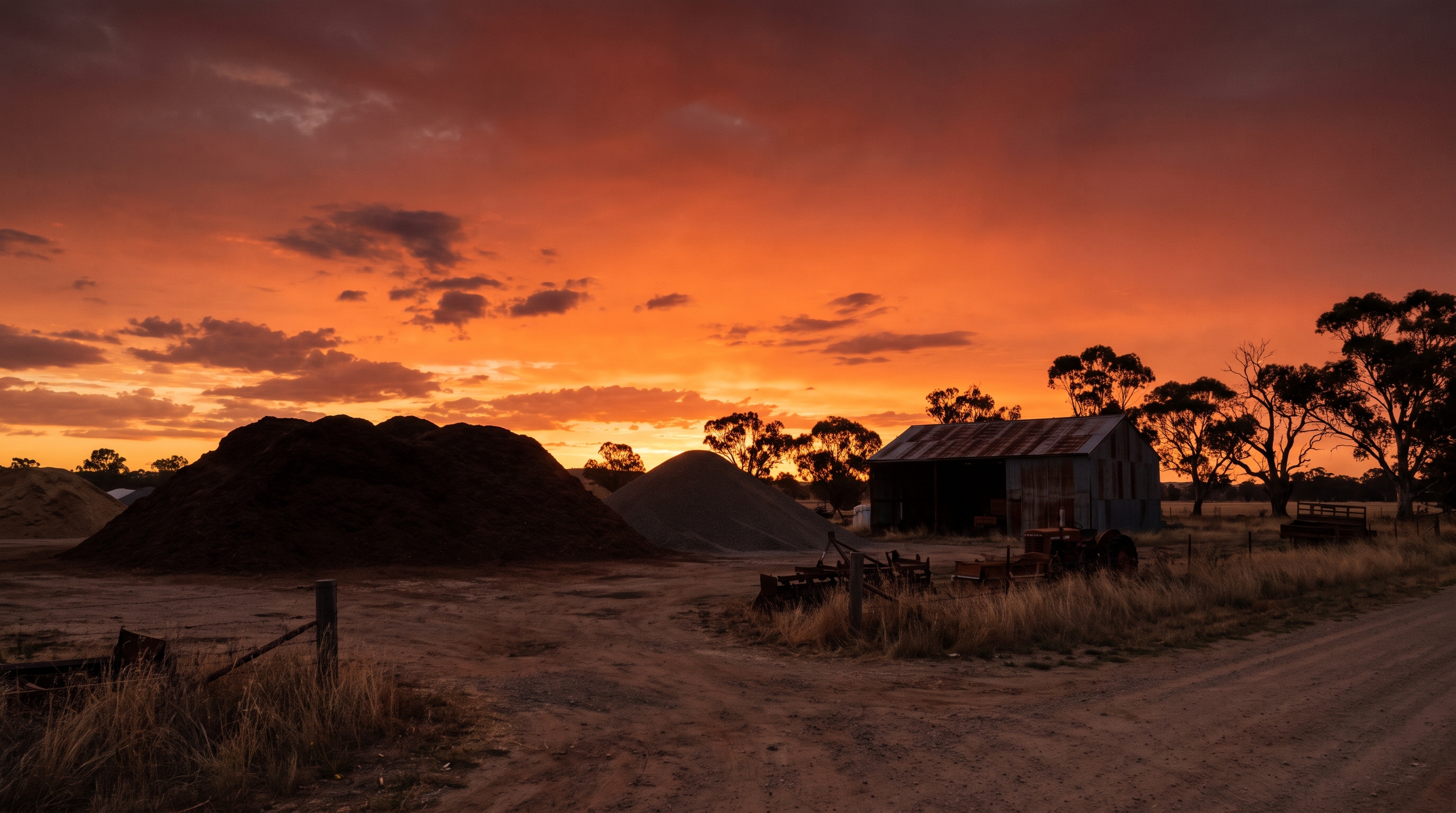 A rural landscape supply yard at dusk with mulch and gravel piles