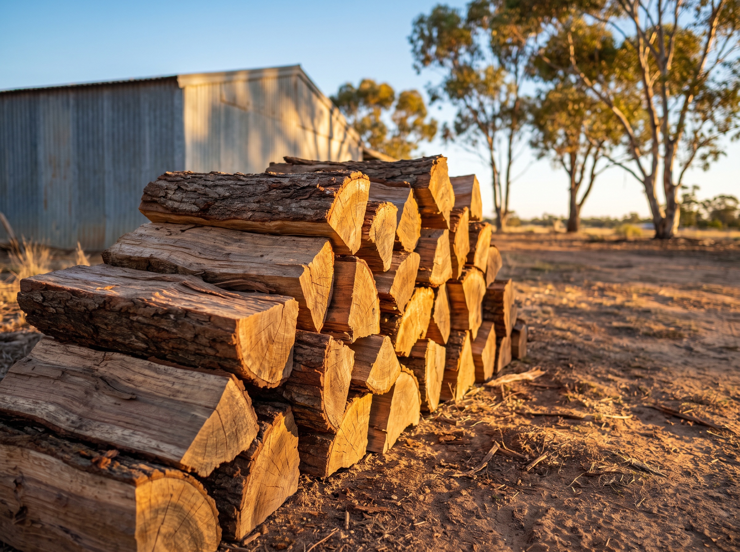 Neatly stacked split ironbark firewood in the yard