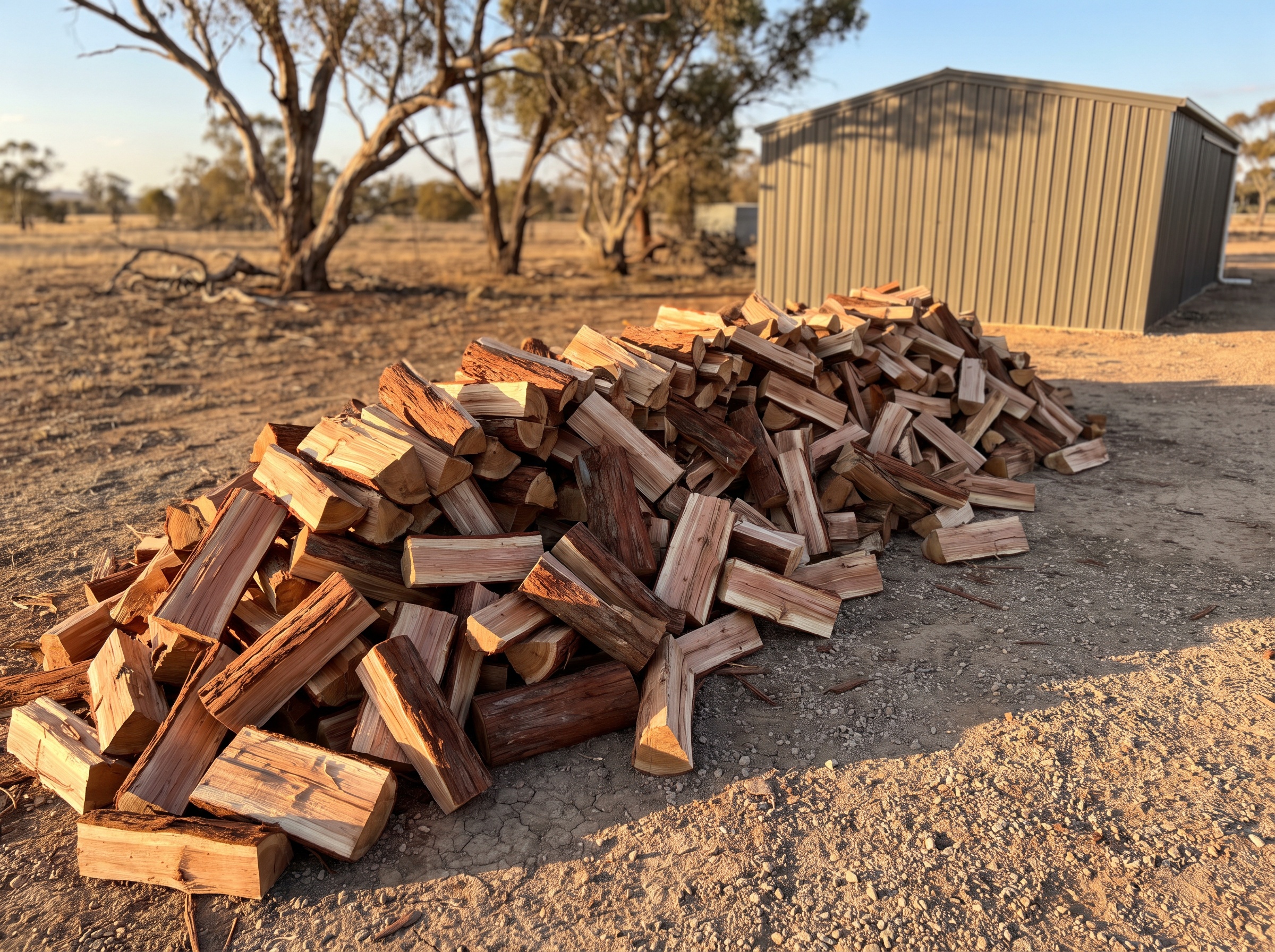 A pile of freshly split hardwood firewood stacked in the yard