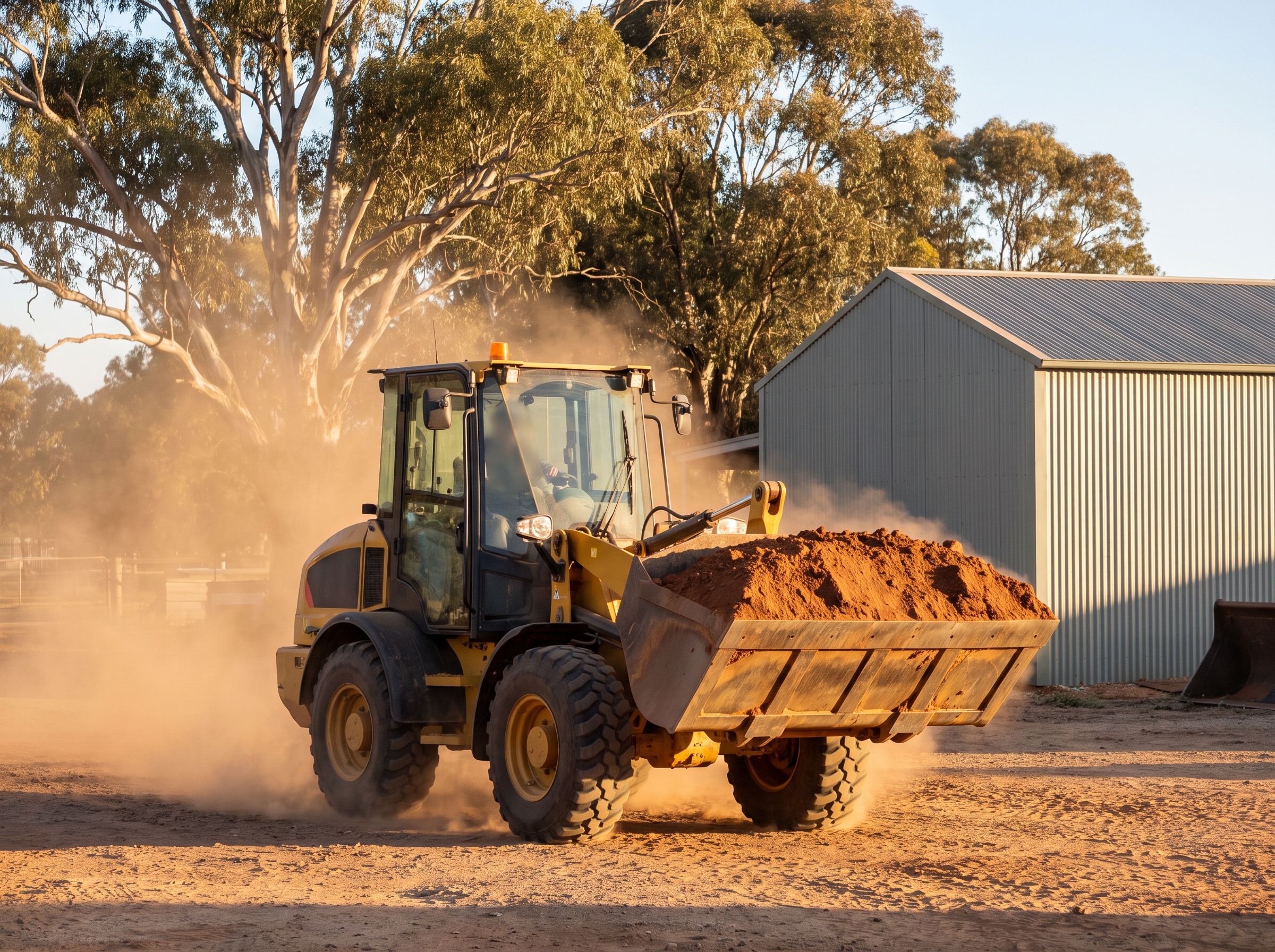 A wheel loader moving a bucket of material in a rural yard