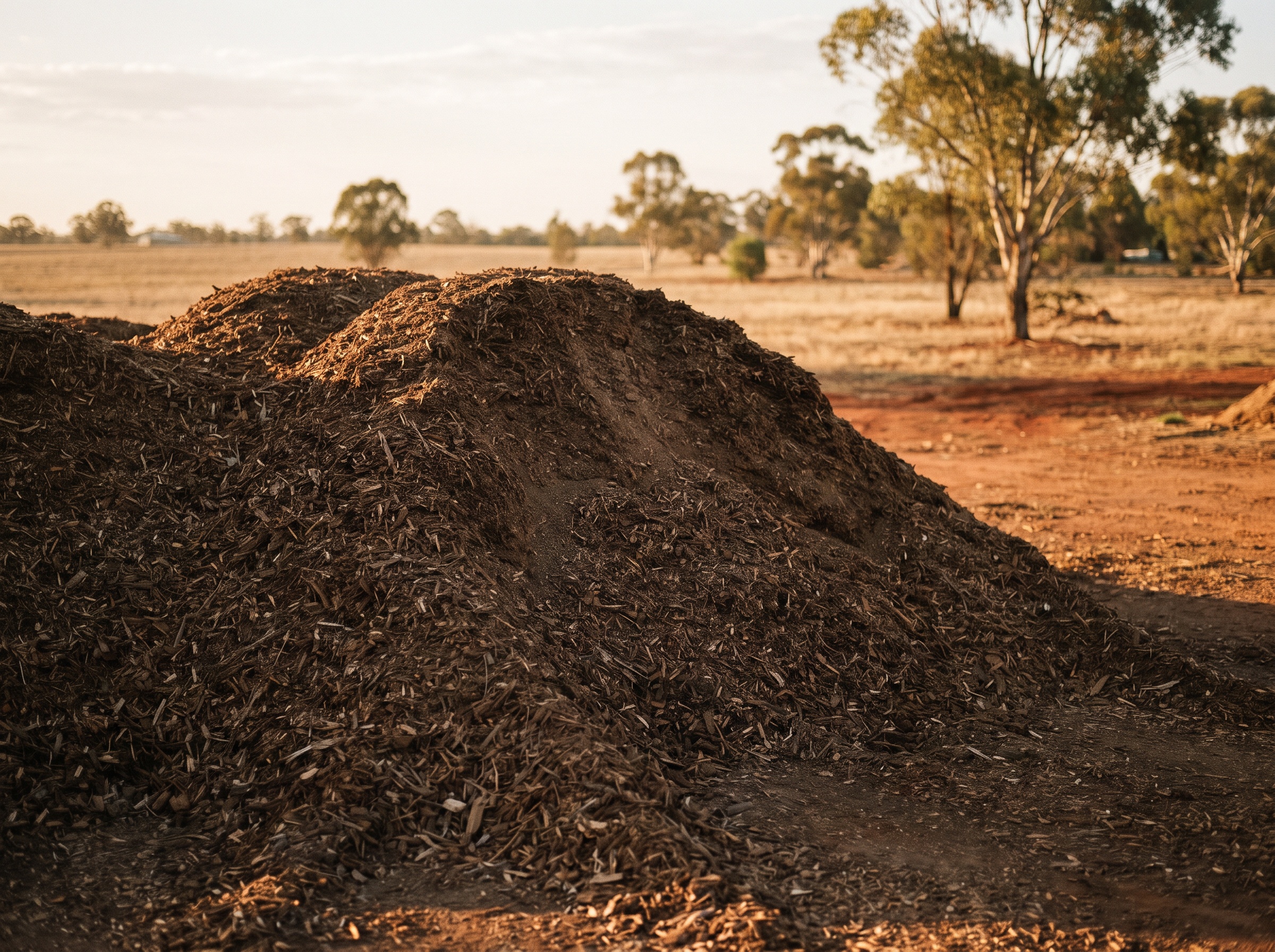 A mound of dark wood-chip garden mulch