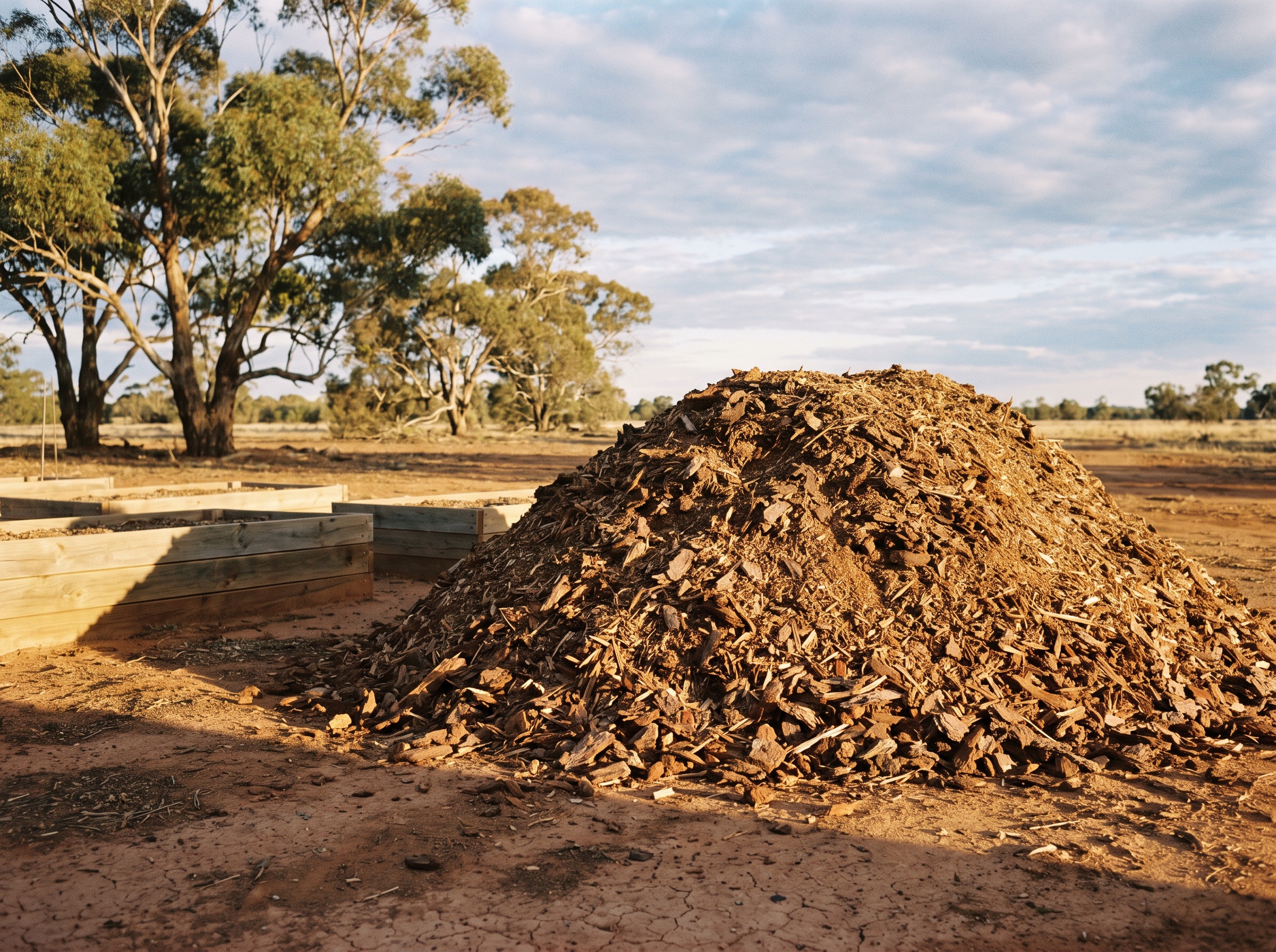A fresh pile of dark wood-chip garden mulch